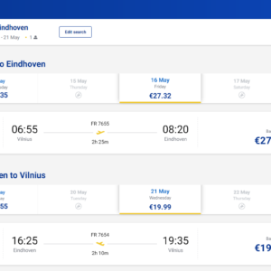 Vilnius Eindhovenas 2025 m. gegužės mėn. tik €47,31 (5n.)