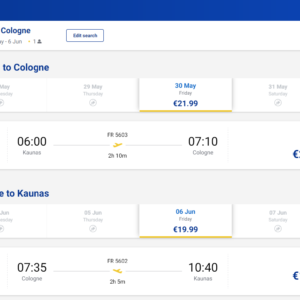 Kaunas Kelnas 2025 m. birželio pradžioje €41,98 (7n.)