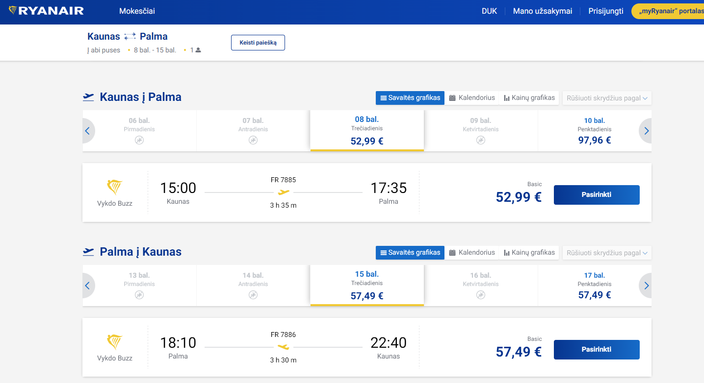 Kaunas Palma de Maljorka 2026 m. balandžio mėn. tik €110,48 (7n.)