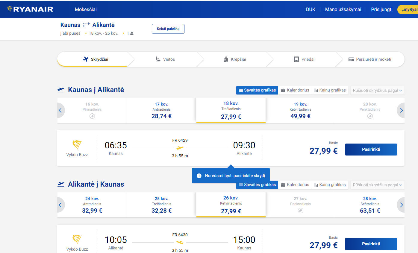 Kaunas Alikantė 2026 m. kovo mėn. tik €55,98 (8n.)