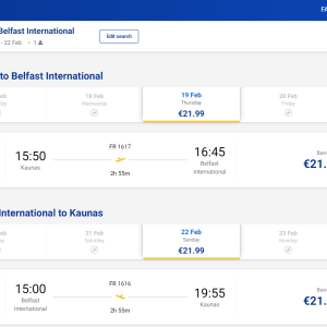 Kaunas Belfastas 2026 m. vasario mėn. tik €43,98 (3n.)