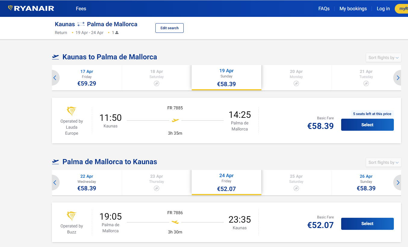 Kaunas Palma de Maljorka 2026 m. balandžio mėn. tik €110,46 (5n.)