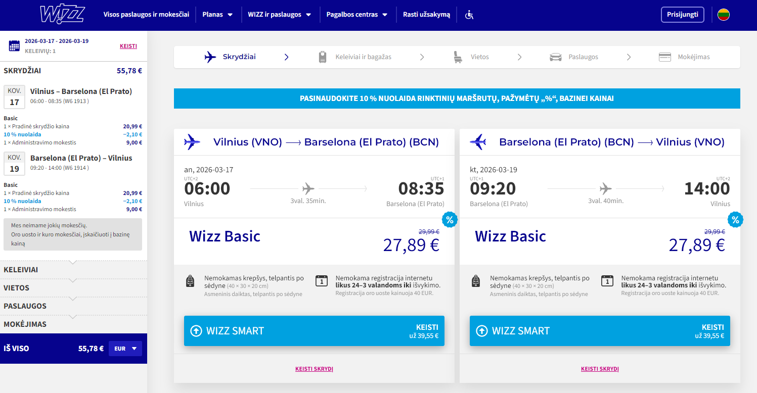 Vilnius Barselona 2026 m. kovo mėn. tik €55,79 (2n.)