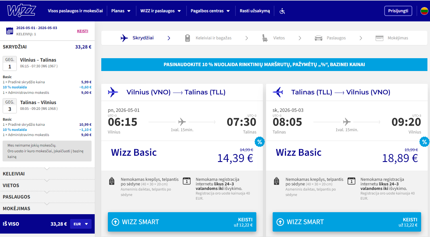 Vilnius Talinas 2026 m. gegužės mėn. tik €33,28 (2n.)