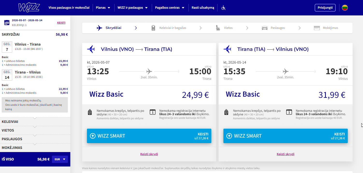 Vilnius Tirana 2026 m. gegužės mėn. tik €56,98 (7n.)