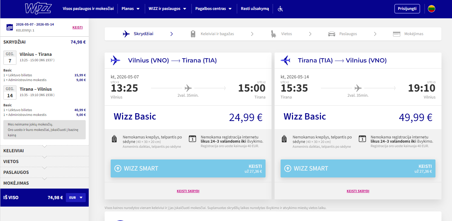 Vilnius Tirana 2026 m. gegužės mėn. tik €74,98 / €64,98 su WDC 7n.