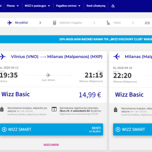 Vilnius Milanas 2026 m. balandžio mėn. tik €34,98 (3n.)