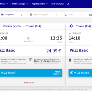 Vilnius Tirana 2026 m. gegužės mėn. tik €64,98 / €54,98 su WDC (7n.)
