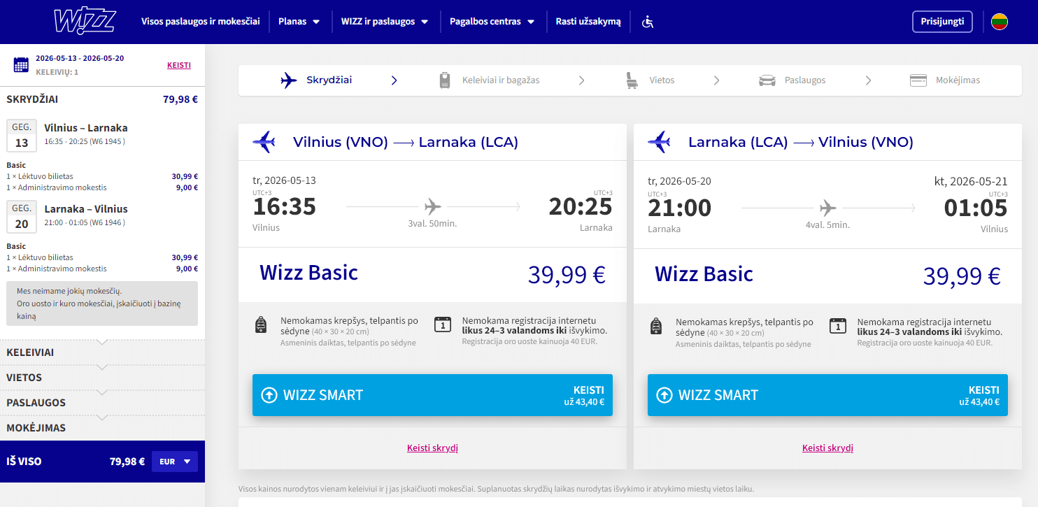 Vilnius Larnaka 2026 m. gegužės mėn. tik €79,98 / €59,98 su WDC (7n.)