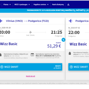 Vilnius Podgorica 2026 m. birželio mėn. tik €101,28 / €82,28 su WDC (4n.)