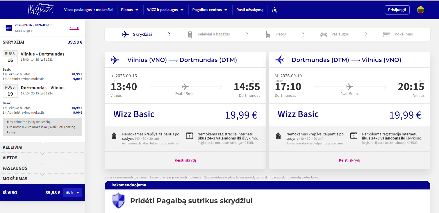Vilnius Dortmundas 2026 m. rugsėjo mėn. tik €39,98 (3n.)