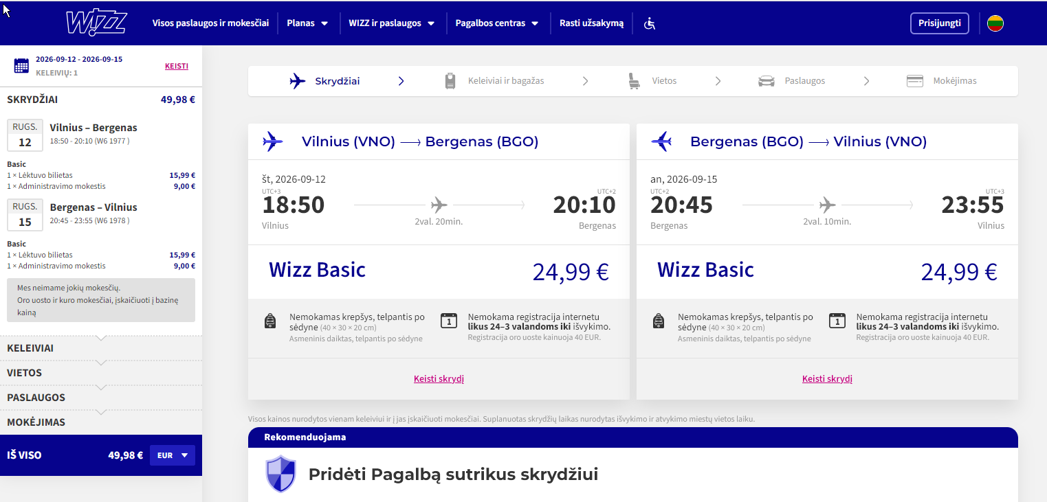 Vilnius Bergenas 2026 m. rugsėjo mėn. tik €49,98 (3n.)