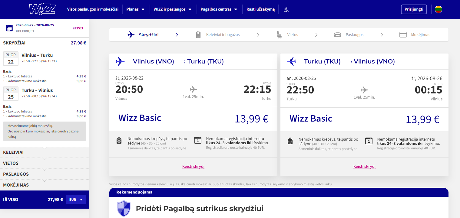 Vilnius Turku 2026 m. rugpjūčio mėn. tik €27,98 (3n.)