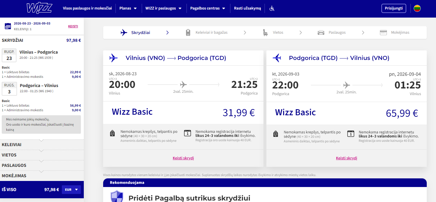 Vilnius Podgorica 2026 m. vasaros gale tik €97,98 / €77,98 su WDC (11n.)