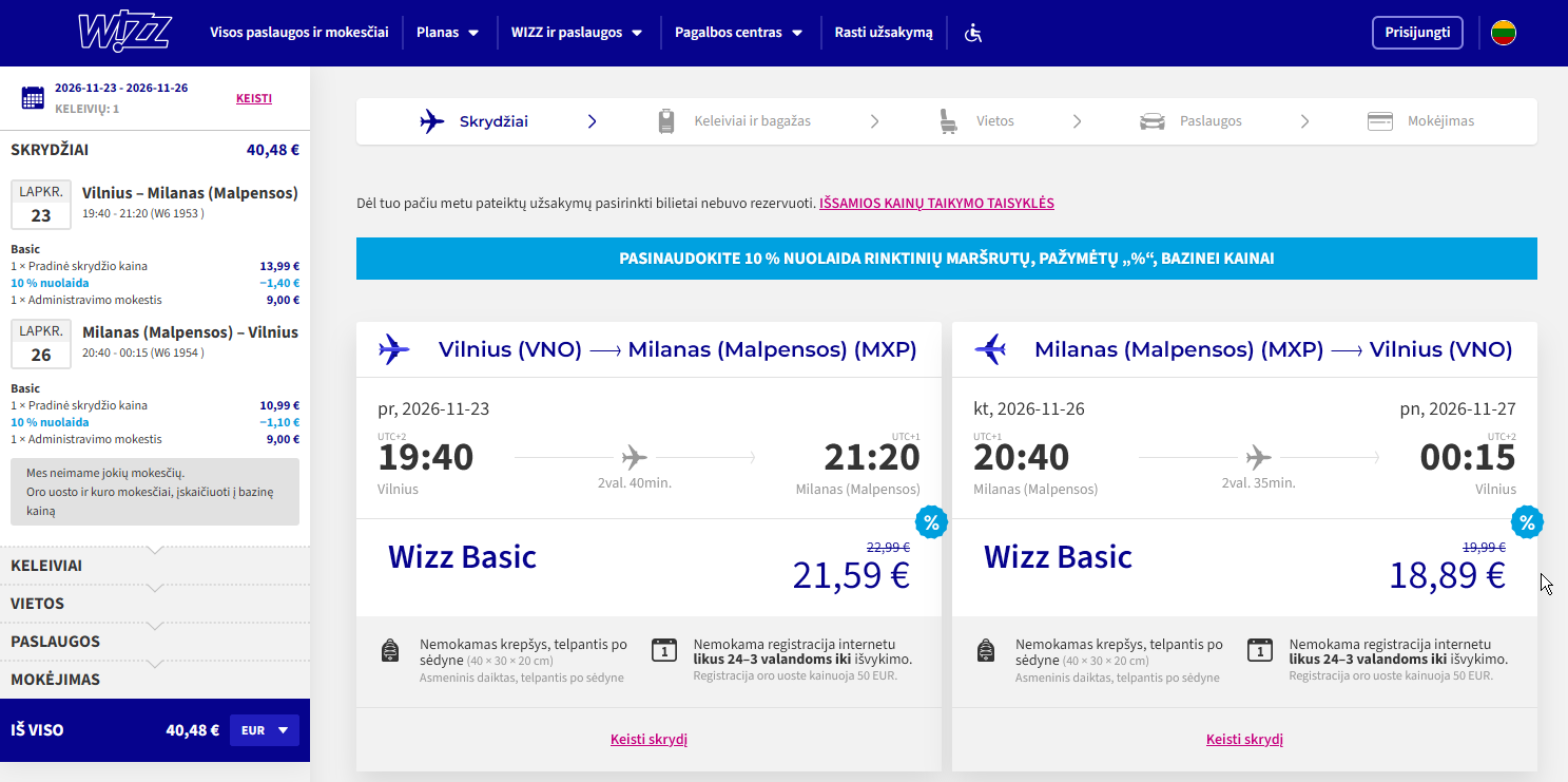 Vilnius Milanas 2026 m. lapkričio mėn. tik €40,48 (3n.)