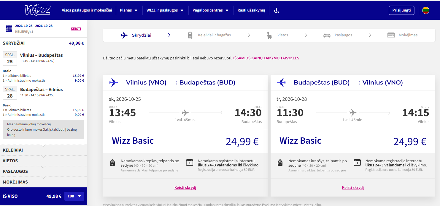 Vilnius Budapestas 2026 m. spalio mėn. tik €49,98 (3n.)