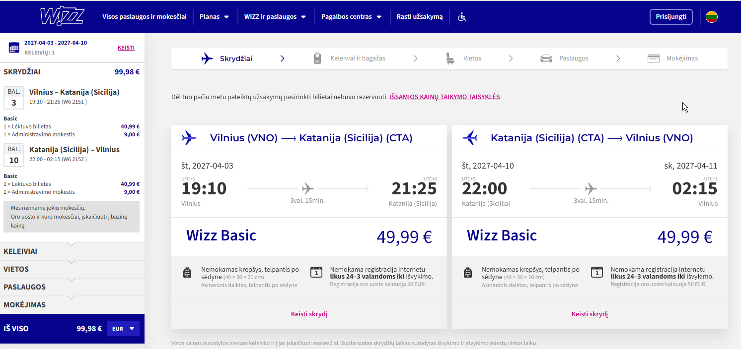 Vilnius Katanija 2027 m. balandžio mėn. tik €99,98 / €79,98 su WDC (7n.)