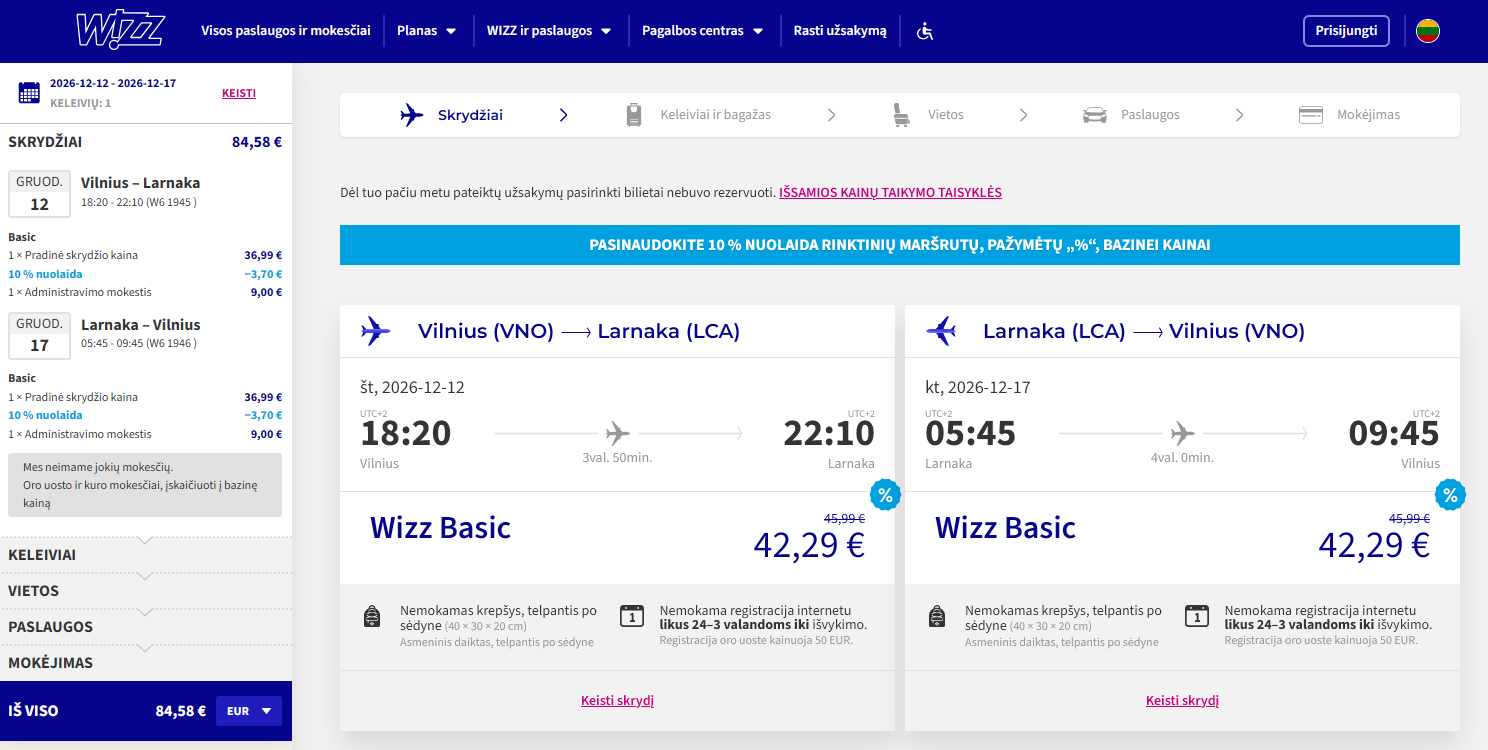 Vilnius Larnaka 2026 m. gruodžio mėn. tik €84,58 / €66,58 su WDC (5n.)