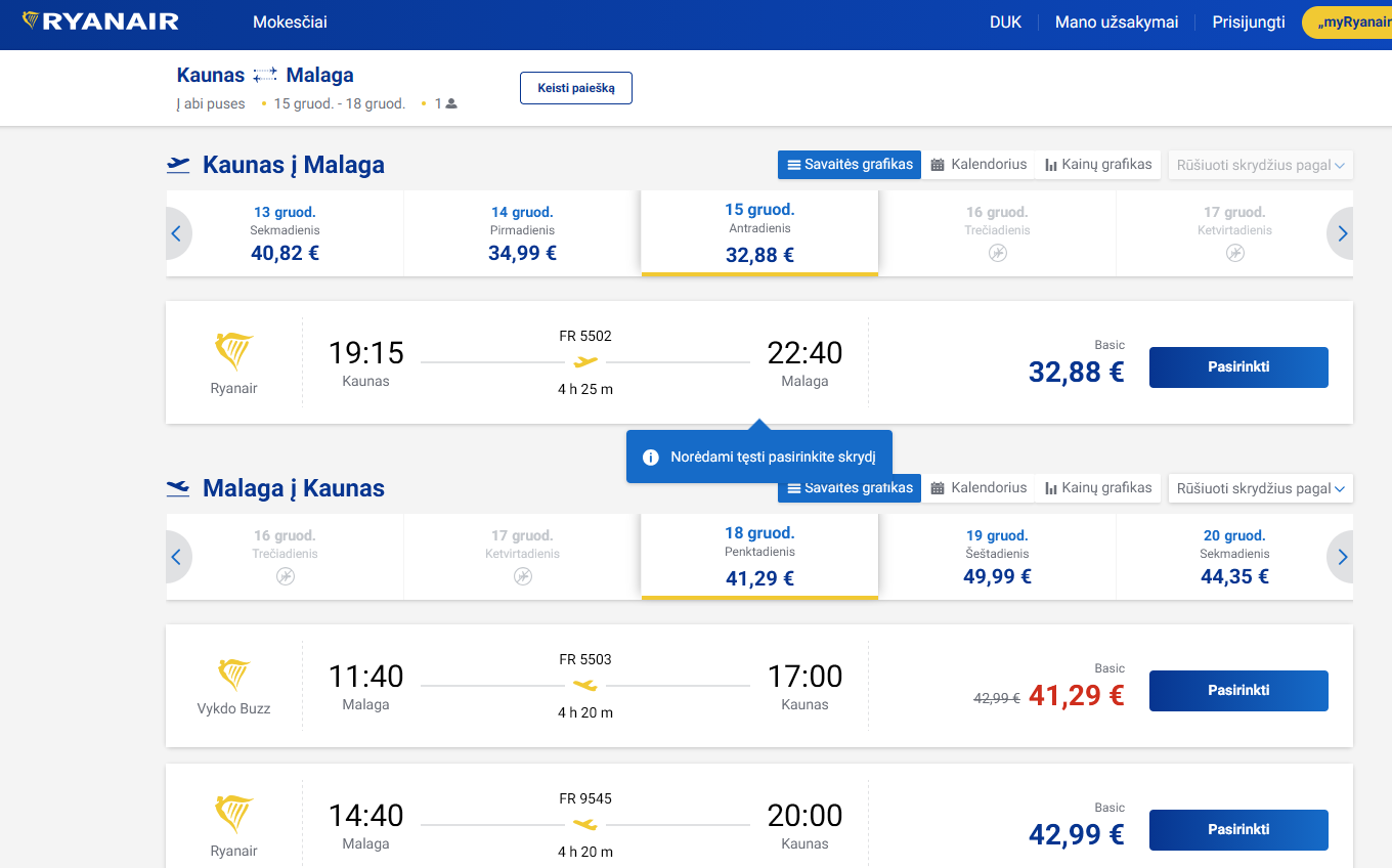 Kaunas Malaga 2026 m. gruodžio mėn. tik €74,17 (3n.)