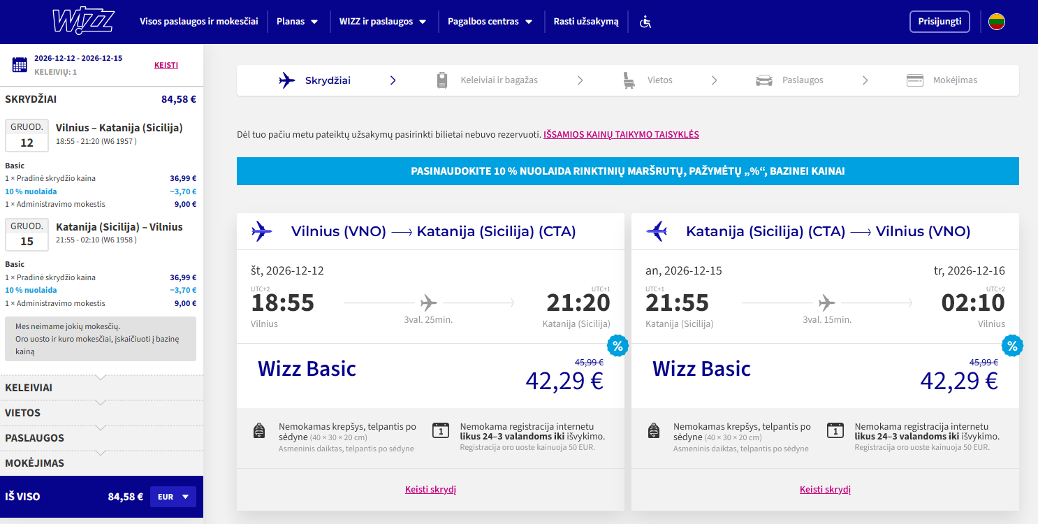 Vilnius Katanija 2026 m. gruodžio mėn. tik €84,58 / €66,58 su WDC (3n.)