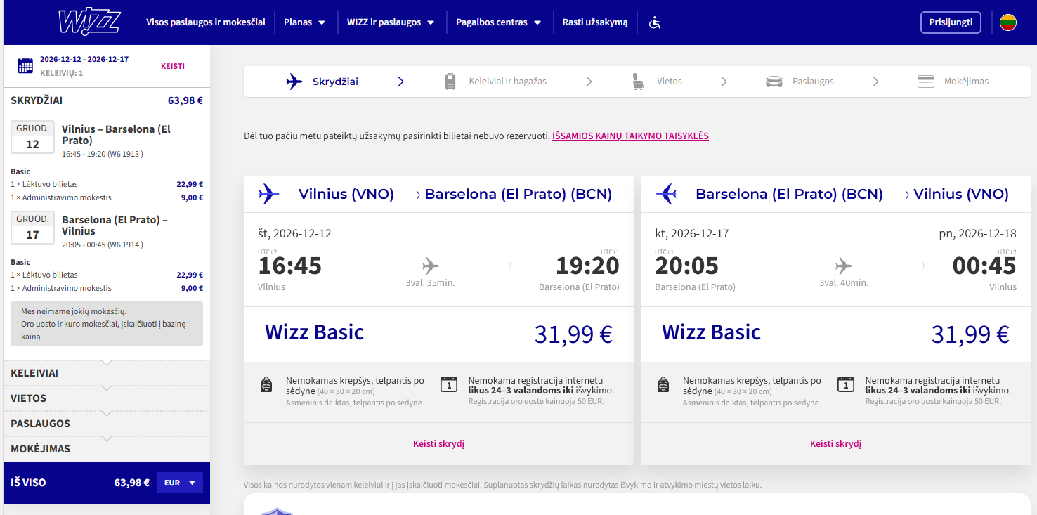 Vilnius Barselona 2026 m. gruodžio mėn. tik €63,98 / €43,98 su WDC (5n.)