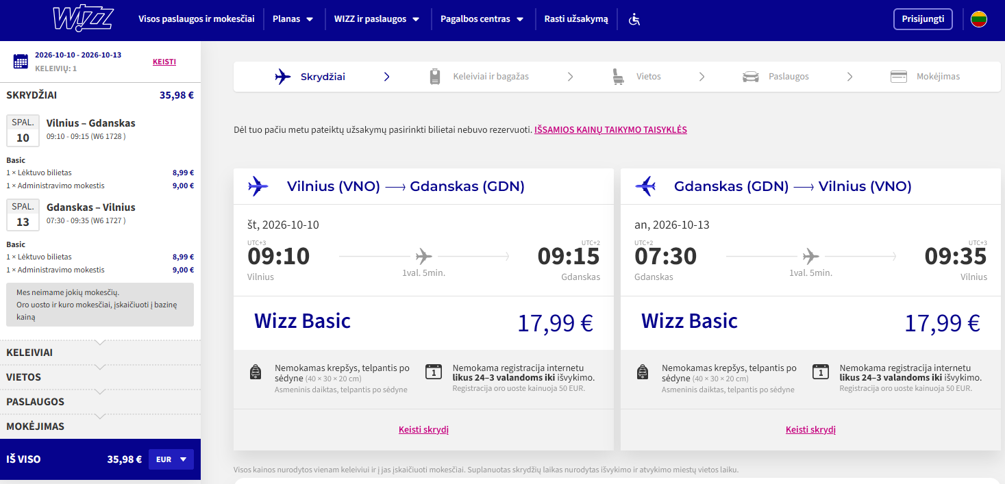 Vilnius Gdanskas 2026 m. spalio mėn. tik €35,98 (3n.)