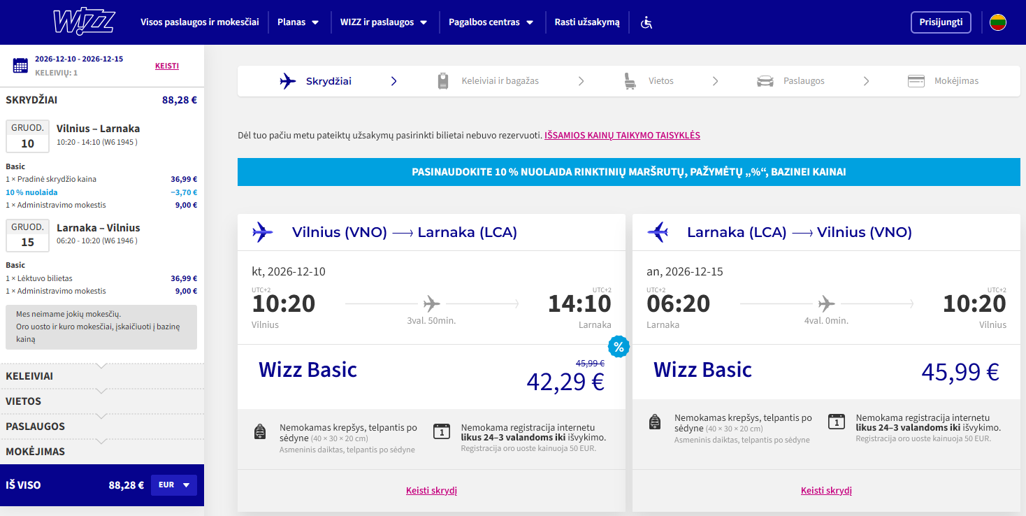 Vilnius Larnaka 2026 m. gruodžio mėn. tik €88,28 / €69,28 su WDC (5n.)