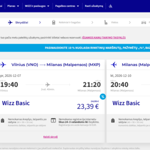 Vilnius Milanas 2026 m. gruodžio mėn. tik €44,98 (3n.)
