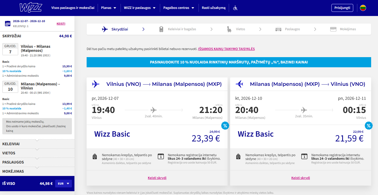 Vilnius Milanas 2026 m. gruodžio mėn. tik €44,98 (3n.)