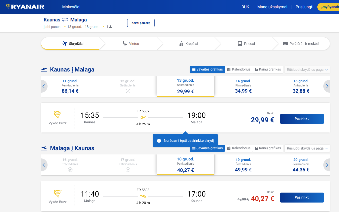 Kaunas Malaga 2026 m. gruodžio mėn. tik €70,25 (5n.)
