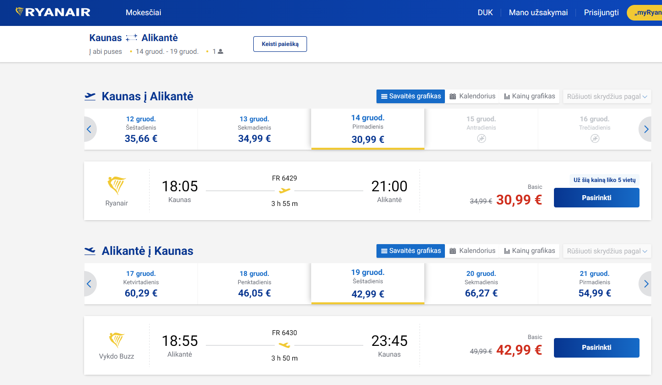 Kaunas Alicante 2026 m. gruodžio mėn. tik €73,98 (5n.)
