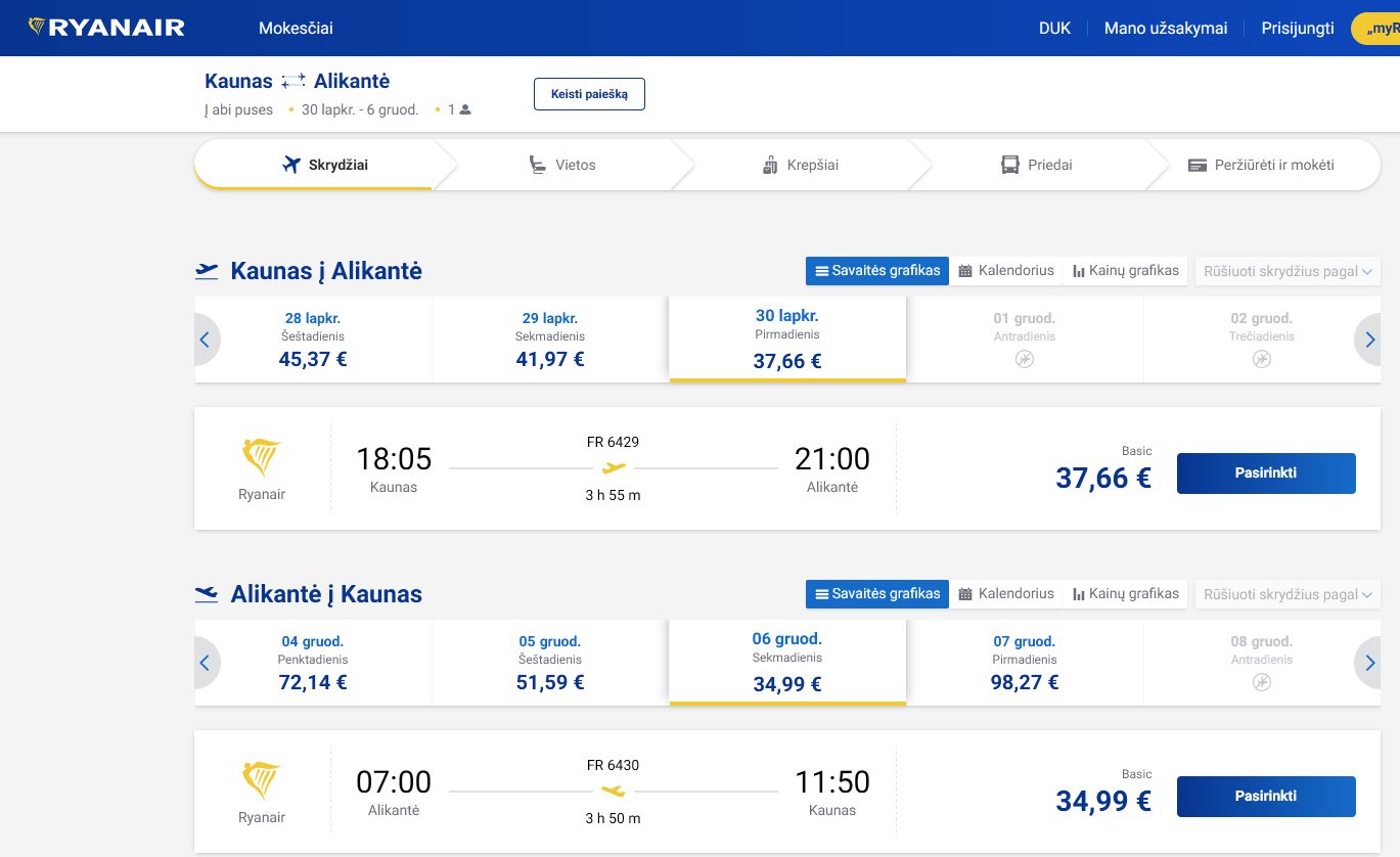 Kaunas Alikantė 2026 m. lapkričio mėn. tik €72,65 (6n.)