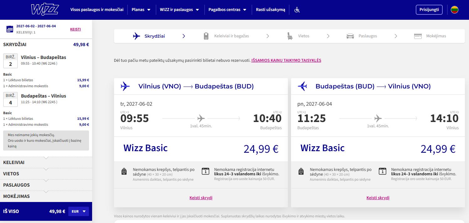 Vilnius Budapeštas 2027 m. birželio mėn. tik €49,98 (2n.)
