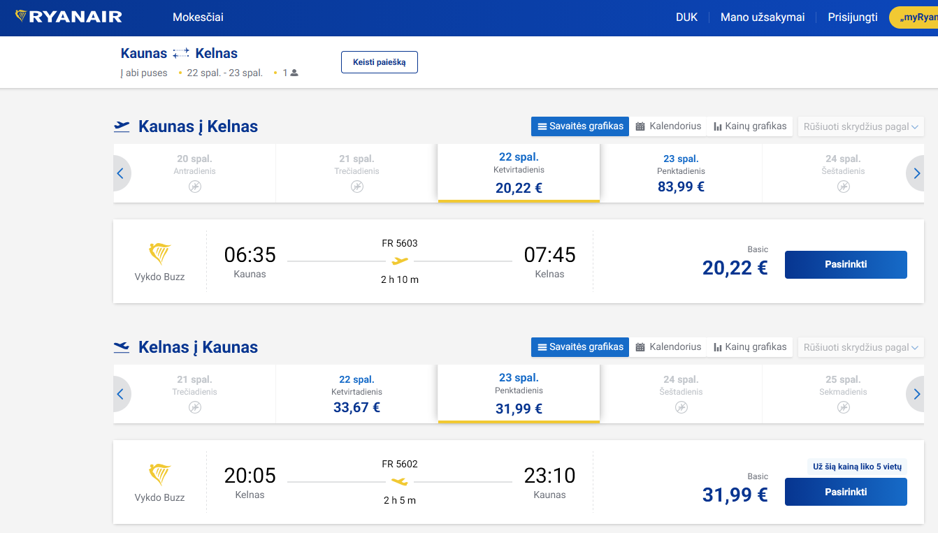 Kaunas Kelnas 2026 m. spalio mėn. tik €52,21 (1n.)