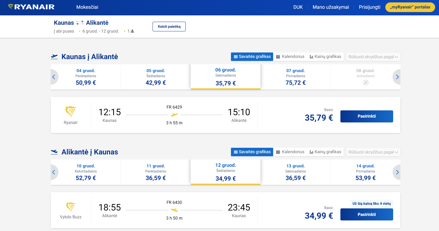 Kaunas Alikantė 2026 m. gruodžio mėn. tik €70,78 (6n.)