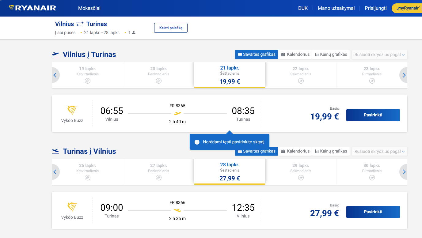 Vilnius Turinas 2026 m. lapkričio mėn. tik €47,98 (7n.)